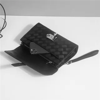 Black Silver Woven-Textured Leather Flap-Over Closure Clutch 5