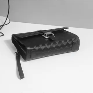 Black Silver Woven-Textured Leather Flap-Over Closure Clutch 6