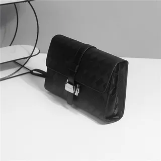 Black Silver Woven-Textured Leather Flap-Over Closure Clutch 7