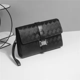 Black Silver Woven-Textured Leather Flap-Over Closure Clutch 8