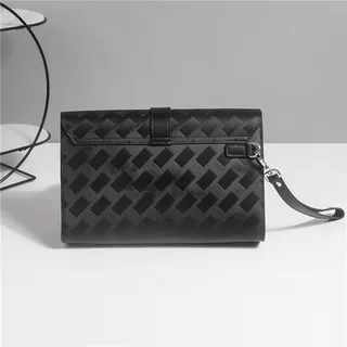 Black Silver Woven-Textured Leather Flap-Over Closure Clutch 9