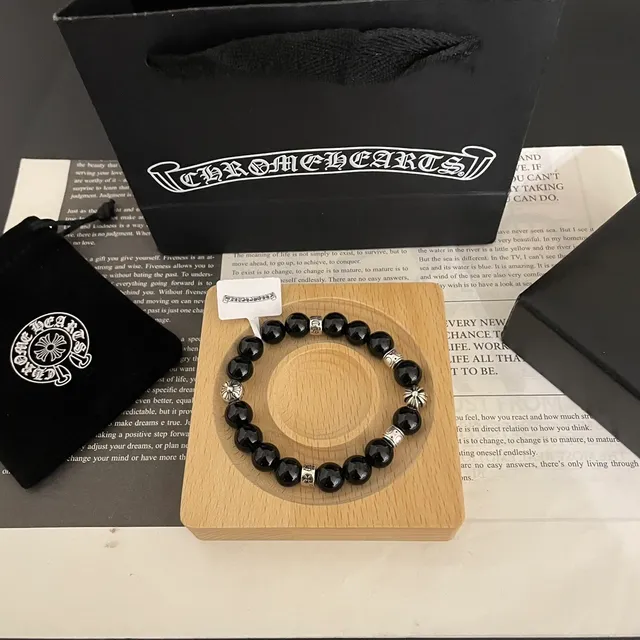 Black Stone and Silver-Tone Beaded Bracelet 2