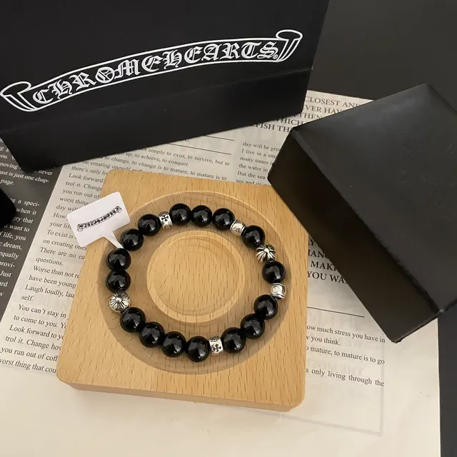 Black Stone and Silver-Tone Beaded Bracelet 6