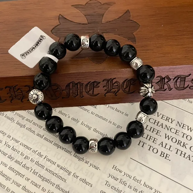 Black Stone and Silver-Tone Beaded Bracelet 7