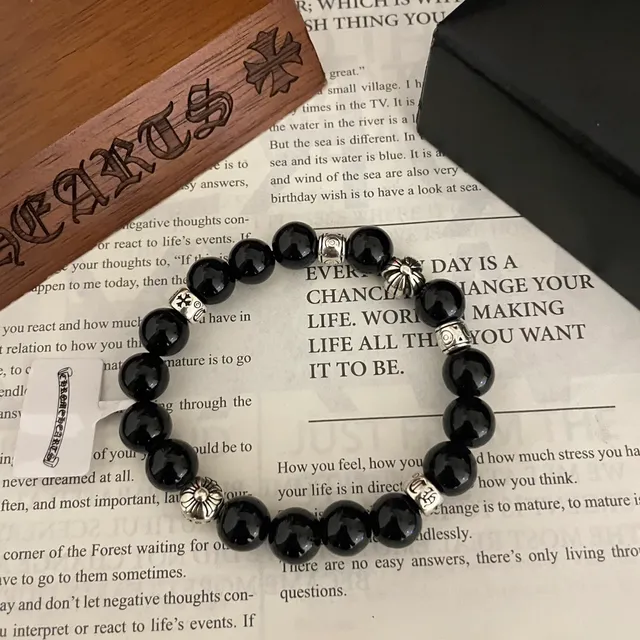 Black Stone and Silver-Tone Beaded Bracelet 9