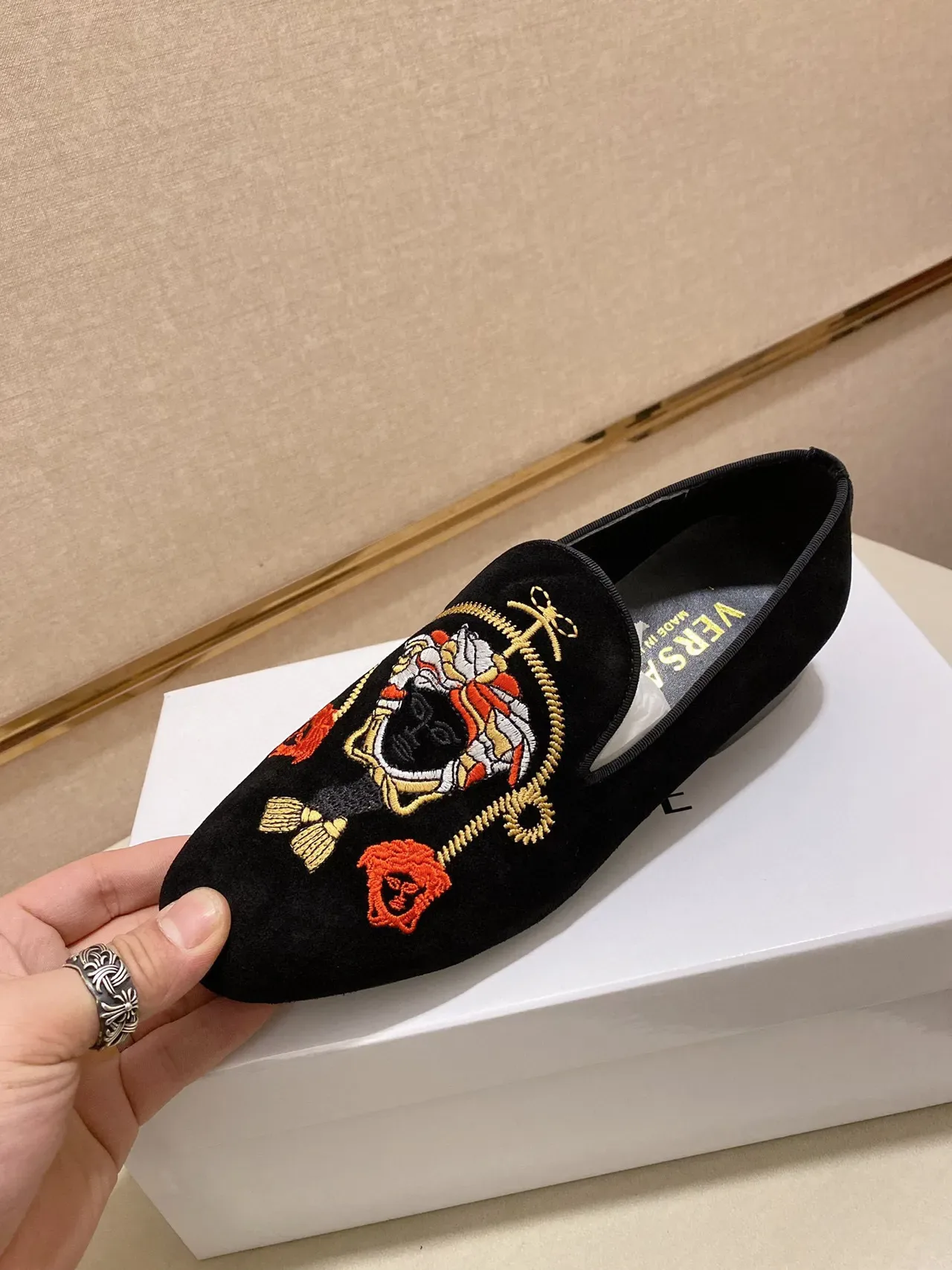 Black Velvet Embroidered Slip-On Loafers 4