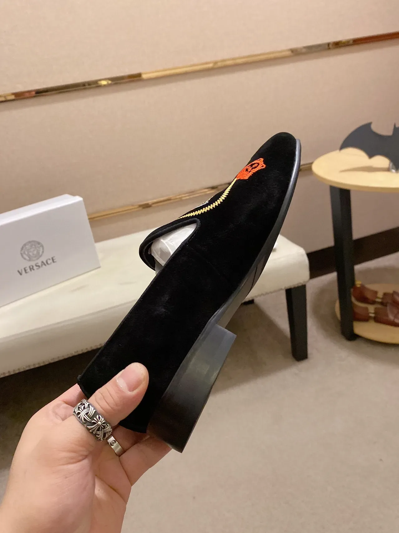 Black Velvet Embroidered Slip-On Loafers 6