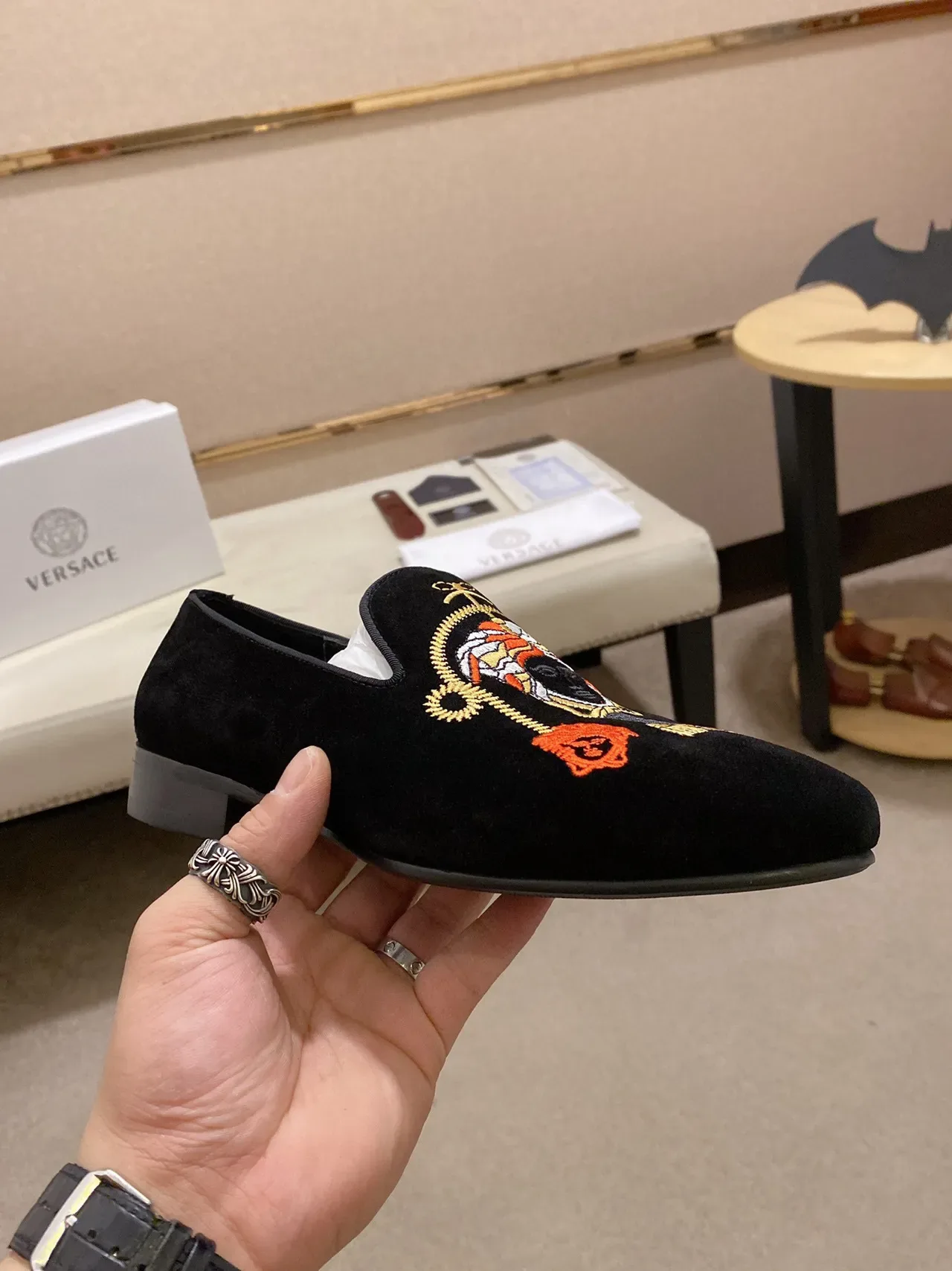 Black Velvet Embroidered Slip-On Loafers 7