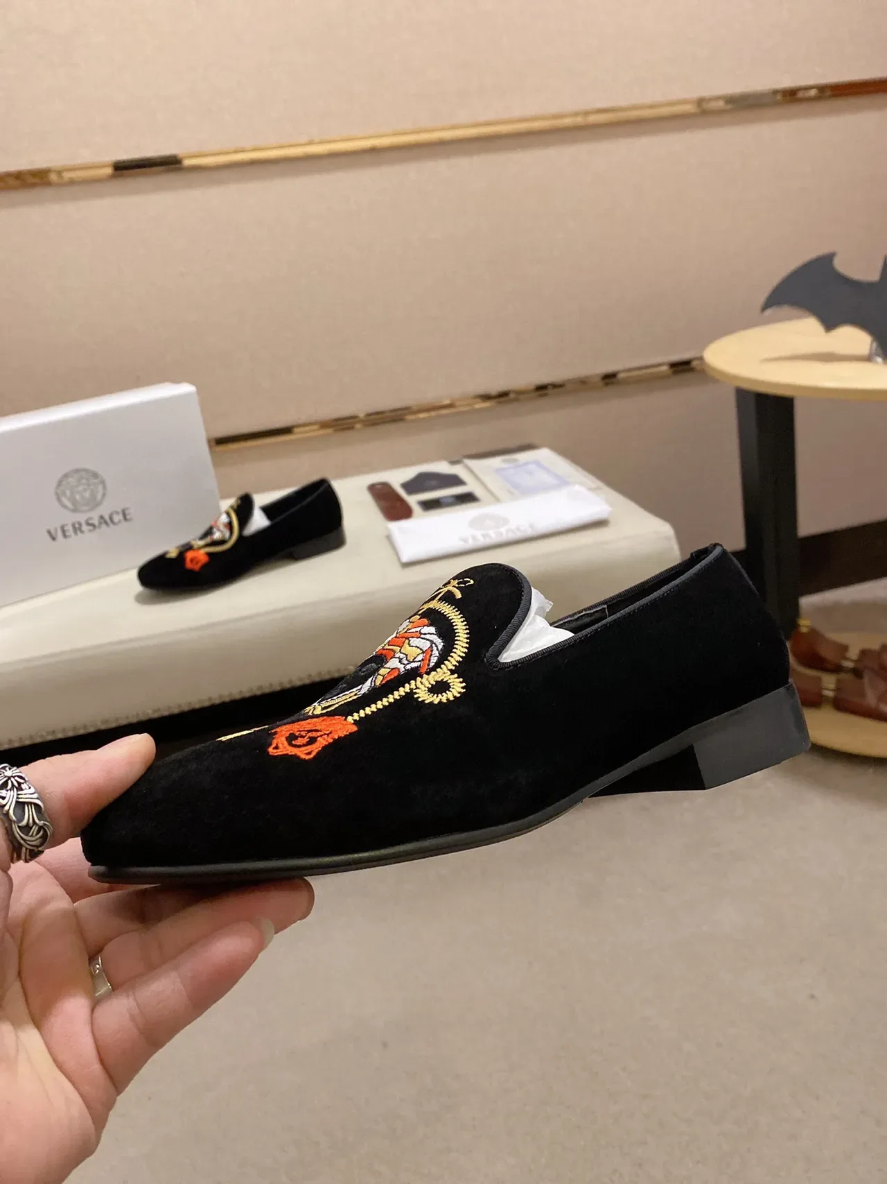 Black Velvet Embroidered Slip-On Loafers 8