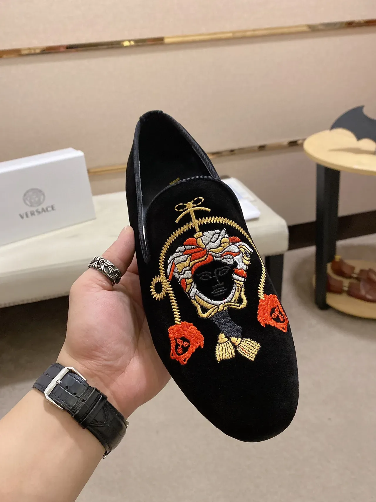 Black Velvet Embroidered Slip-On Loafers 9