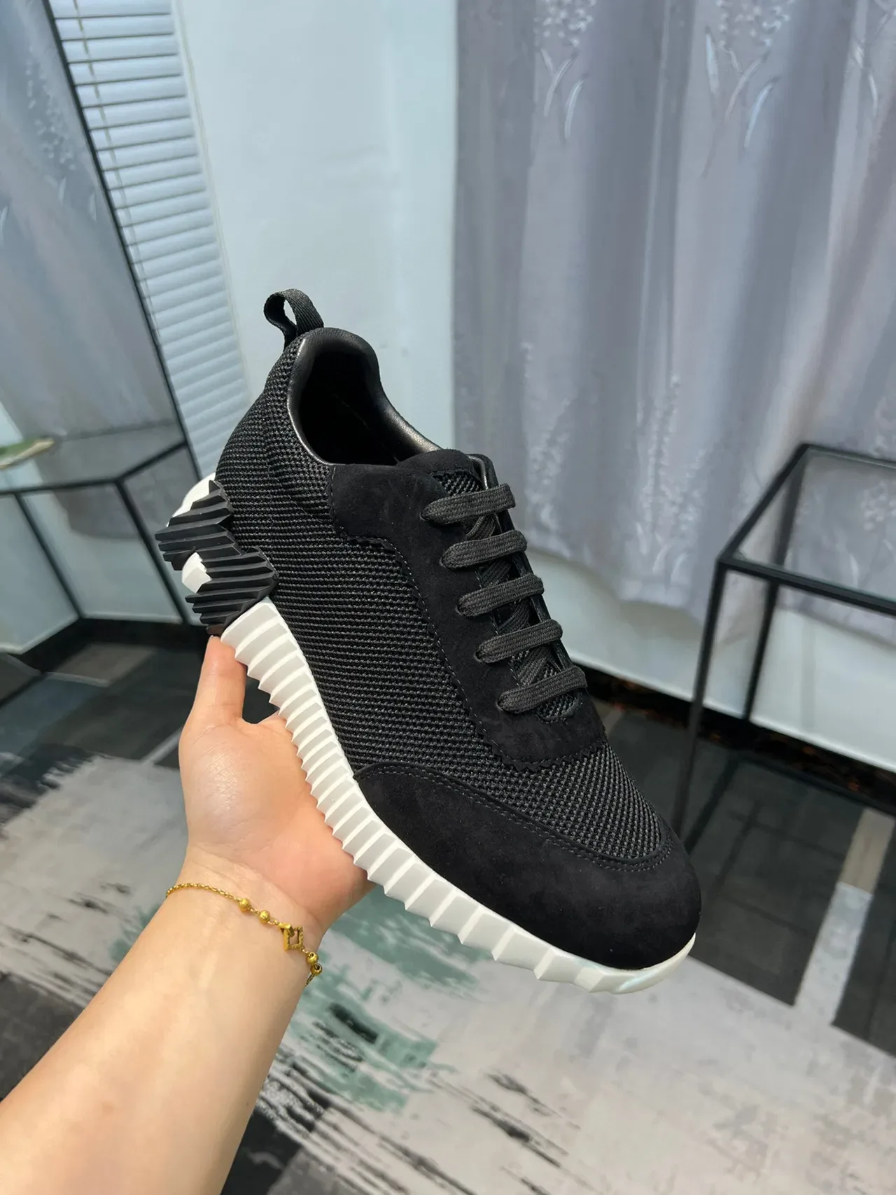 Black White Mesh And Suede Upper Sculpted Ridged Midsole Sneakers 6