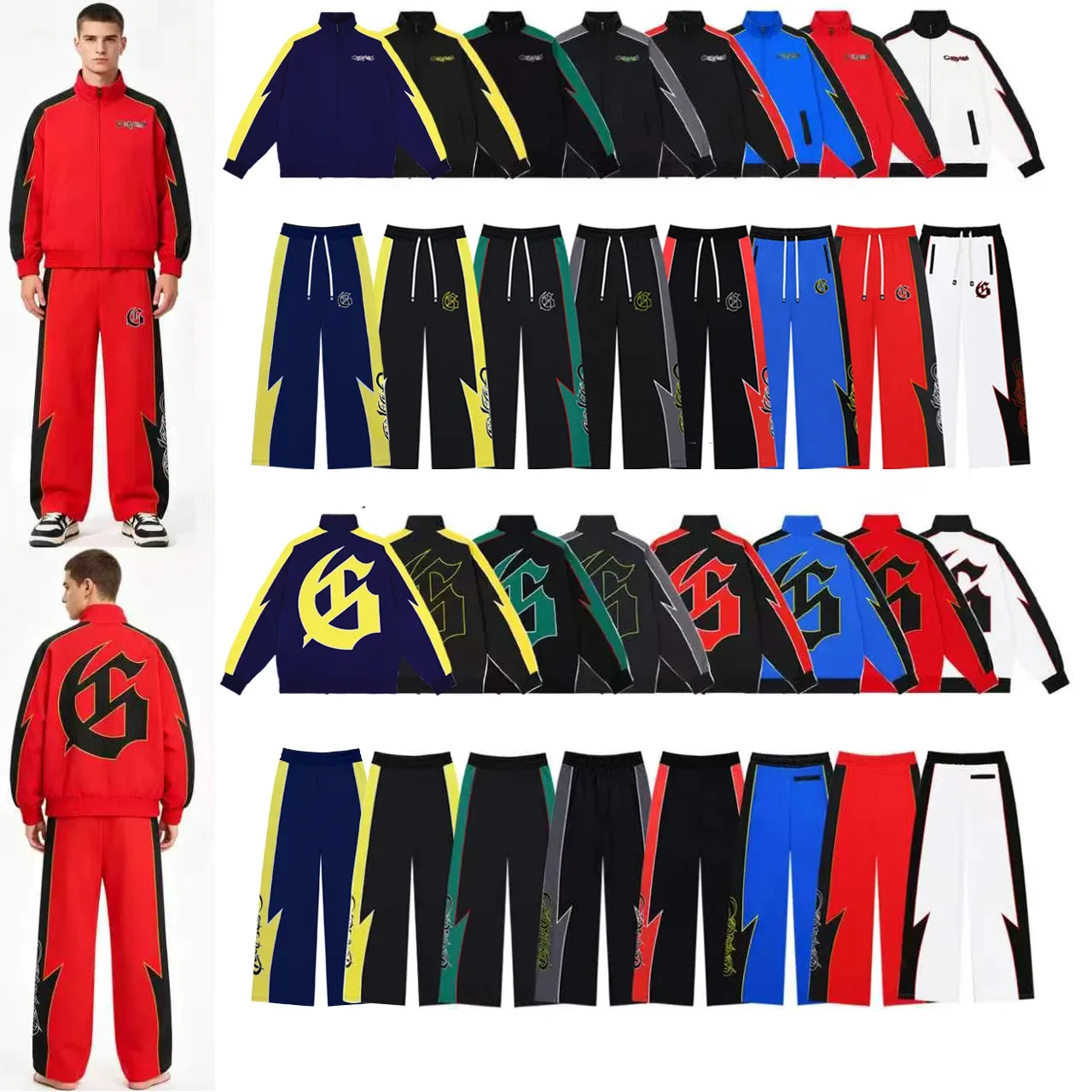 Black Yellow Lightning-Bolt Stripe Two-Tone Contrast Tracksuit 3