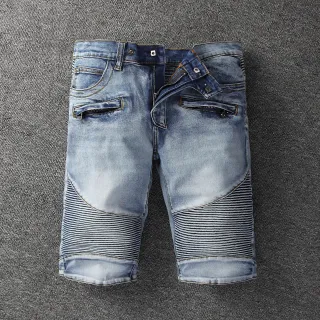 Blue Black Distressed Medium-Wash Denim Zippered Thigh Pockets Shorts