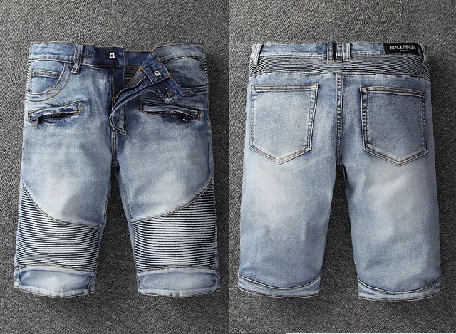 Blue Black Distressed Medium-Wash Denim Zippered Thigh Pockets Shorts 14