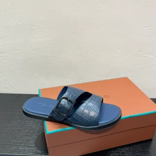 蓝色鳄鱼纹压印双带扣环滑动休闲凉鞋