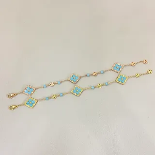 Pulsera de cadena de oro azul esmalte ligero flores de quatrefoil