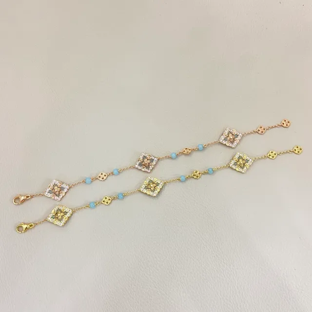 Blue Gold Chain Light Enamel Quatrefoil Flowers Bracelet 2