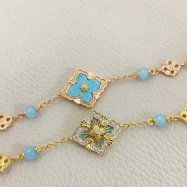 Blue Gold Chain Light Enamel Quatrefoil Flowers Bracelet 3