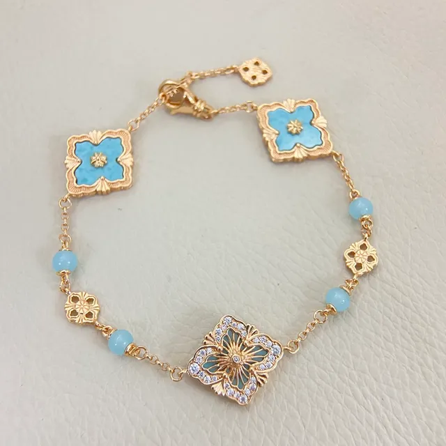 Blue Gold Chain Light Enamel Quatrefoil Flowers Bracelet 4