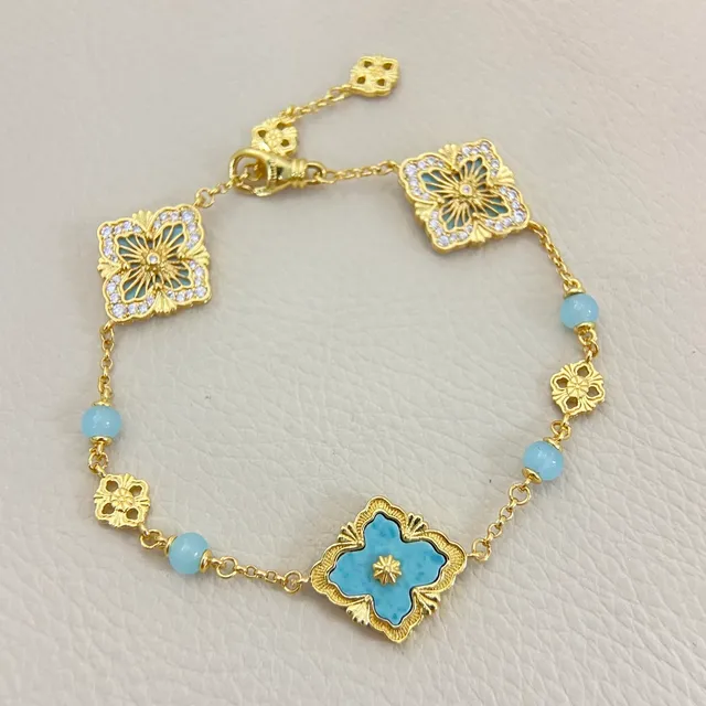 Blue Gold Chain Light Enamel Quatrefoil Flowers Bracelet 5