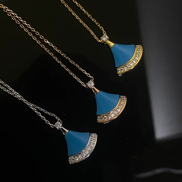 Blue Gold Fan-Shaped Enamel Pendant Pavé Crystal Border Necklace 2