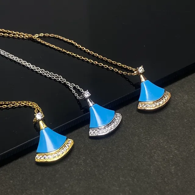 Blue Gold Fan-Shaped Enamel Pendant Pavé Crystal Border Necklace 4