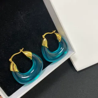 Blue Gold Translucent Resin Hoop Leaf-Shaped Clasp Earrings