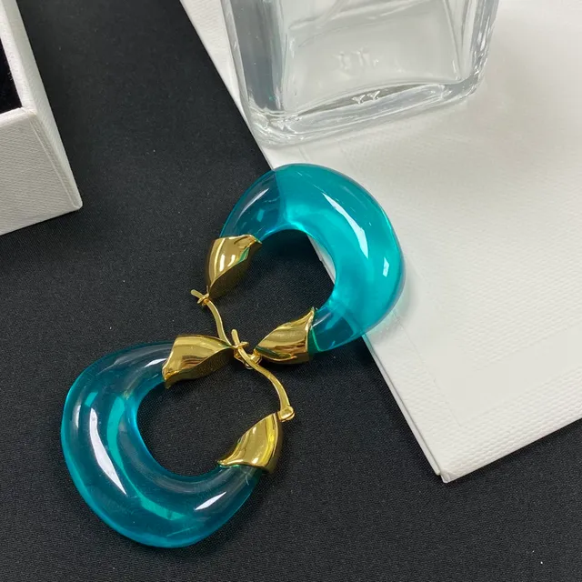Blue Gold Translucent Resin Hoop Leaf-Shaped Clasp Earrings 3