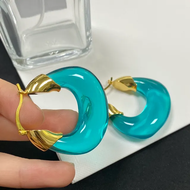 Blue Gold Translucent Resin Hoop Leaf-Shaped Clasp Earrings 4