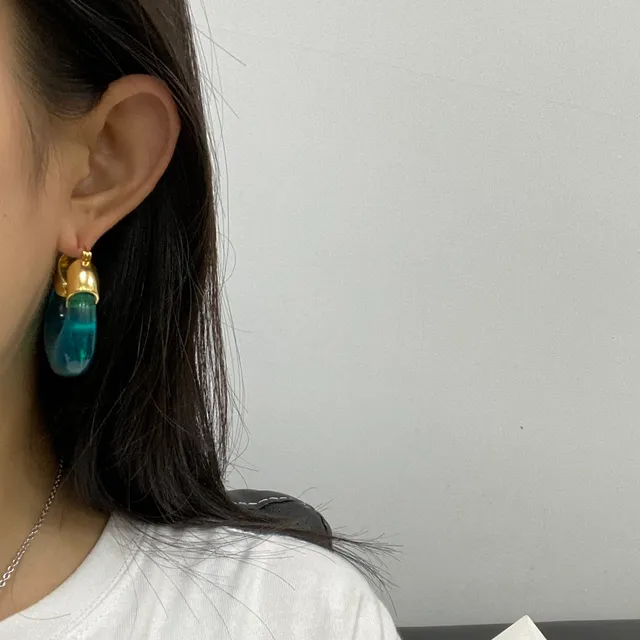 Blue Gold Translucent Resin Hoop Leaf-Shaped Clasp Earrings 6
