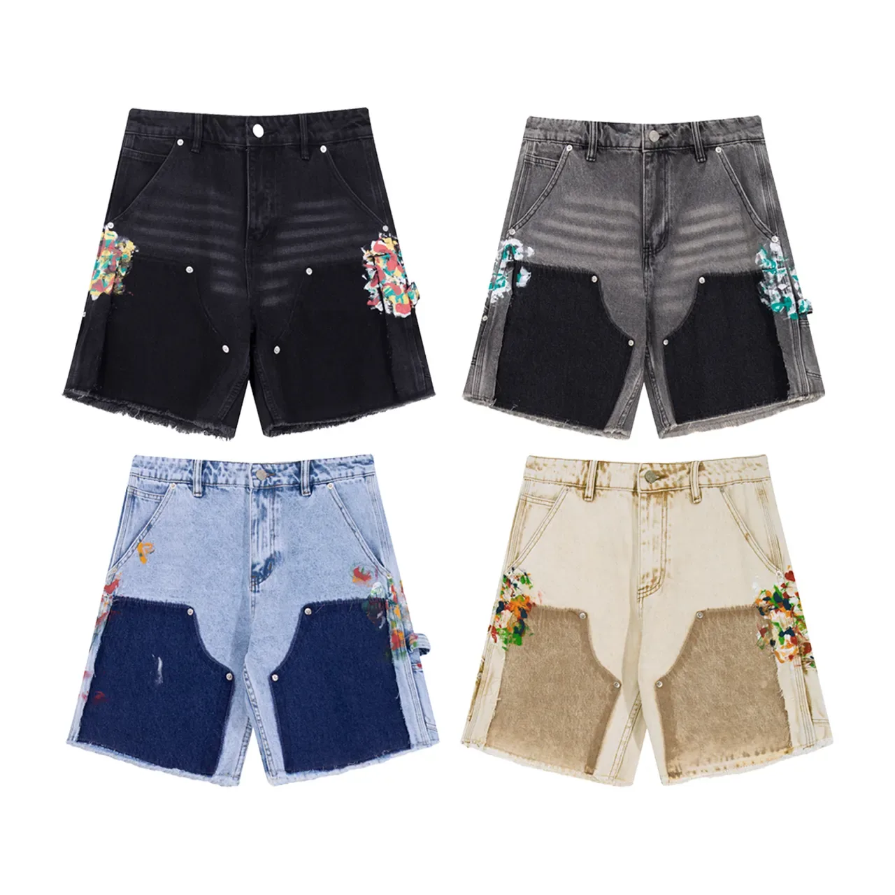Blue Multicolor Patchwork Denim Paint-Splatter Embellishment Shorts 2