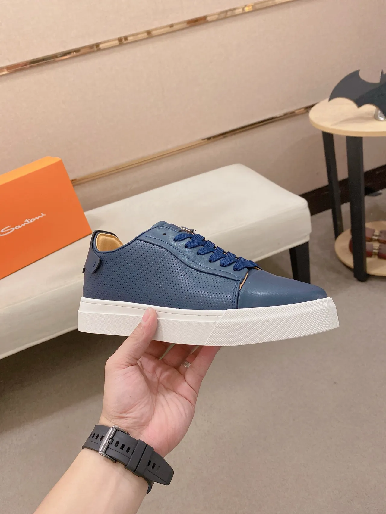 Blue Perforated Leather Cap-Toe Platform Sneaker 5