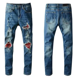Blue Red Distressed Ripped Jeans