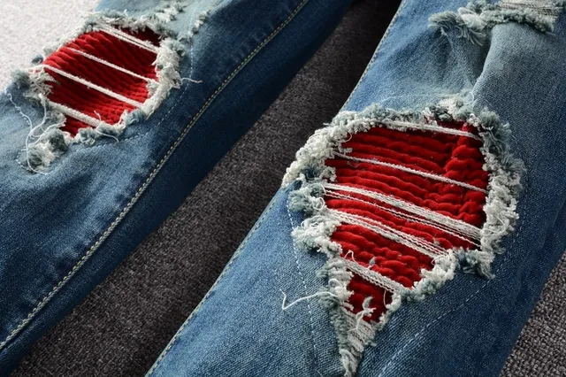 Blue Red Distressed Ripped Jeans 8