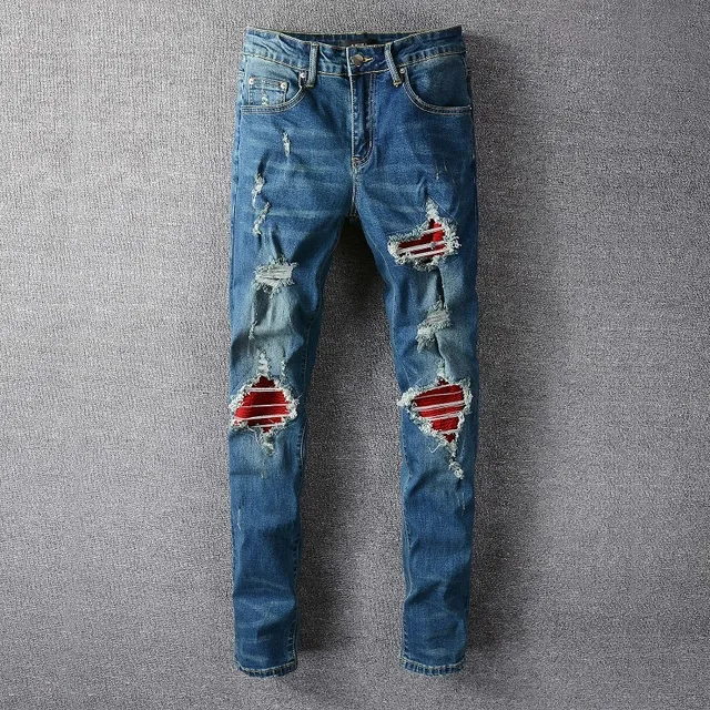 Blue Red Distressed Ripped Jeans 12