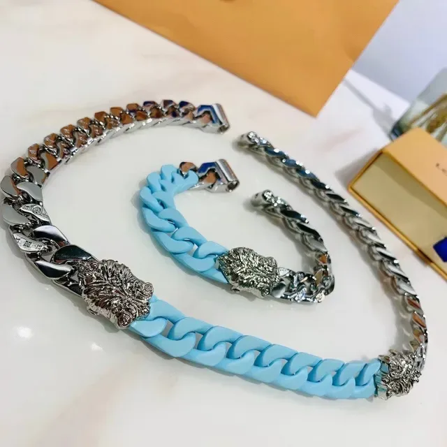 Blue Silver Chunky Curb Chain Lion Head Terminals Necklace 2