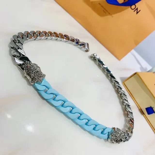Blue Silver Chunky Curb Chain Lion Head Terminals Necklace 5