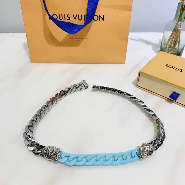 Blue Silver Chunky Curb Chain Lion Head Terminals Necklace 6