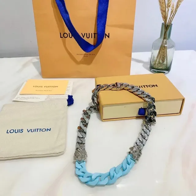 Blue Silver Chunky Curb Chain Lion Head Terminals Necklace 7