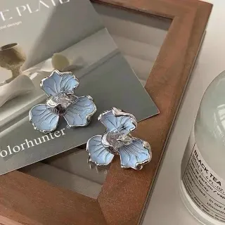 Blue Silver Floral Enamel Earrings