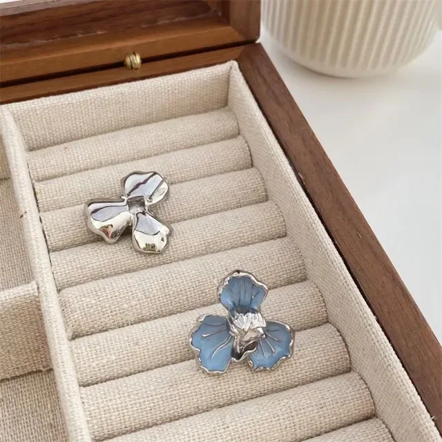 Blue Silver Floral Enamel Earrings 5