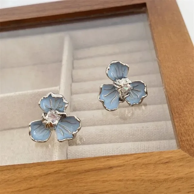 Blue Silver Floral Enamel Earrings 6