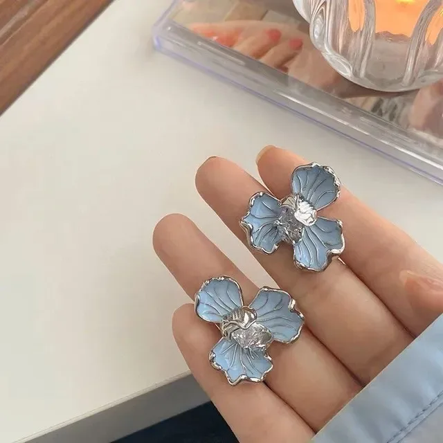 Blue Silver Floral Enamel Earrings 7