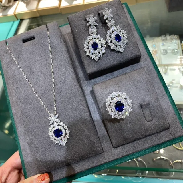 Blue Silver Floral Motif Marquise-Cut Stones Earrings 2