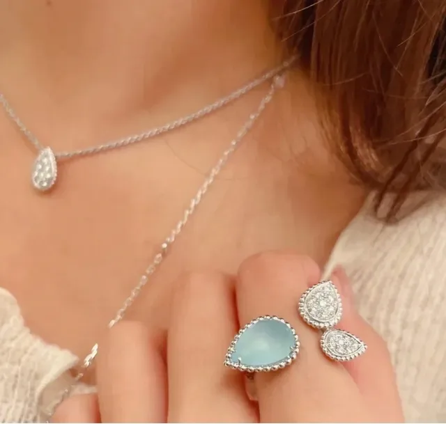 Blue Silver Teardrop-Shaped Pavé-Set Ring 9