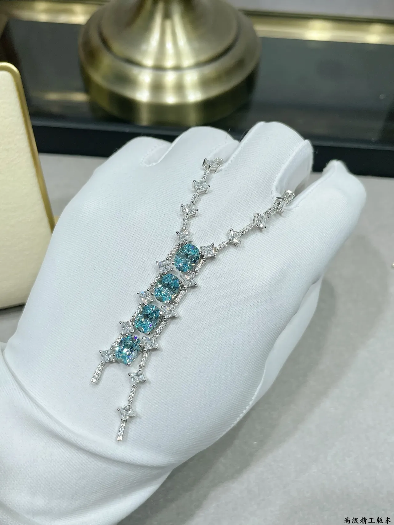 Blue Silver Vertical Drop Pendant Pavé Diamond Accents Necklace 3