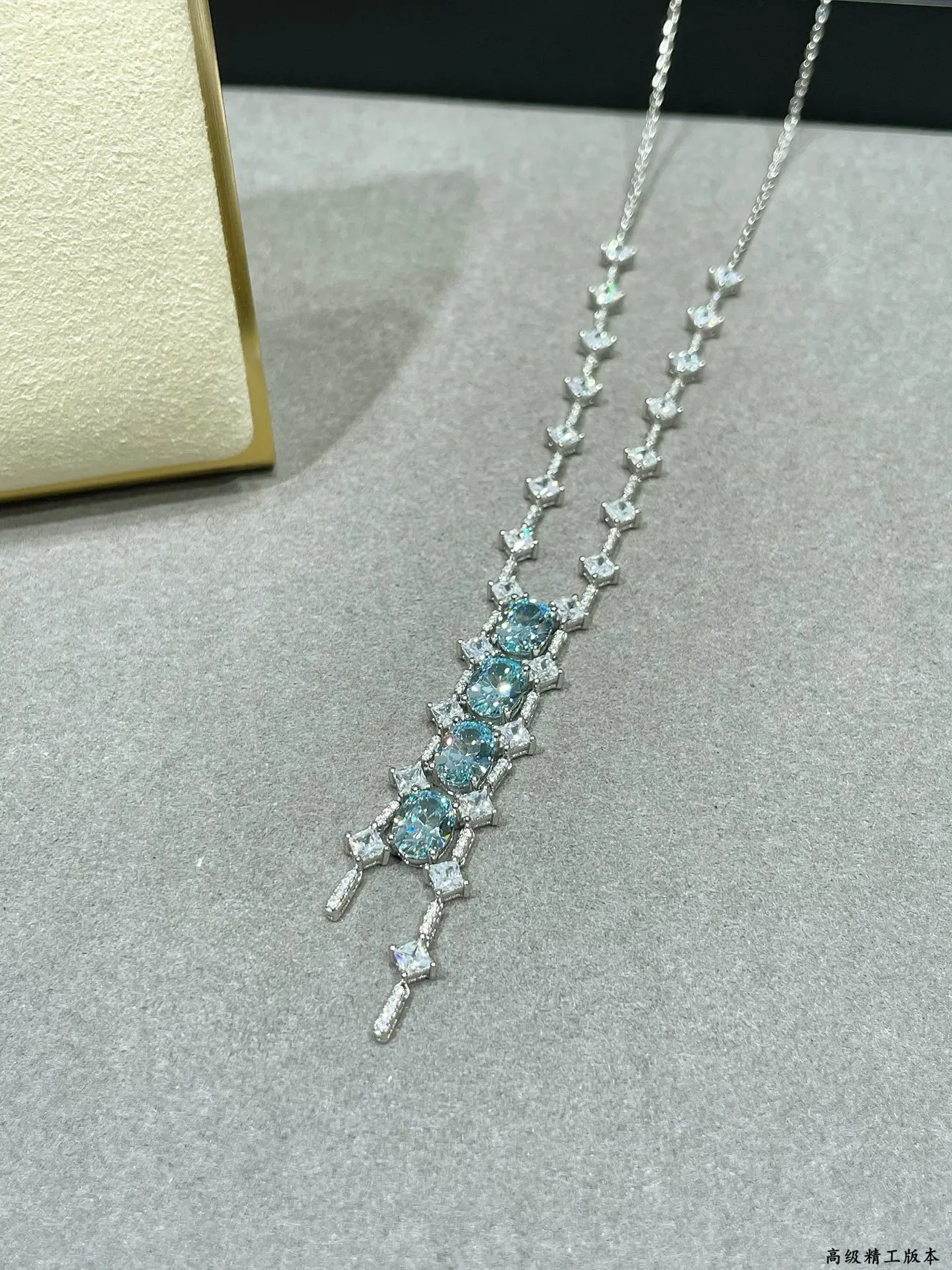 Blue Silver Vertical Drop Pendant Pavé Diamond Accents Necklace 5