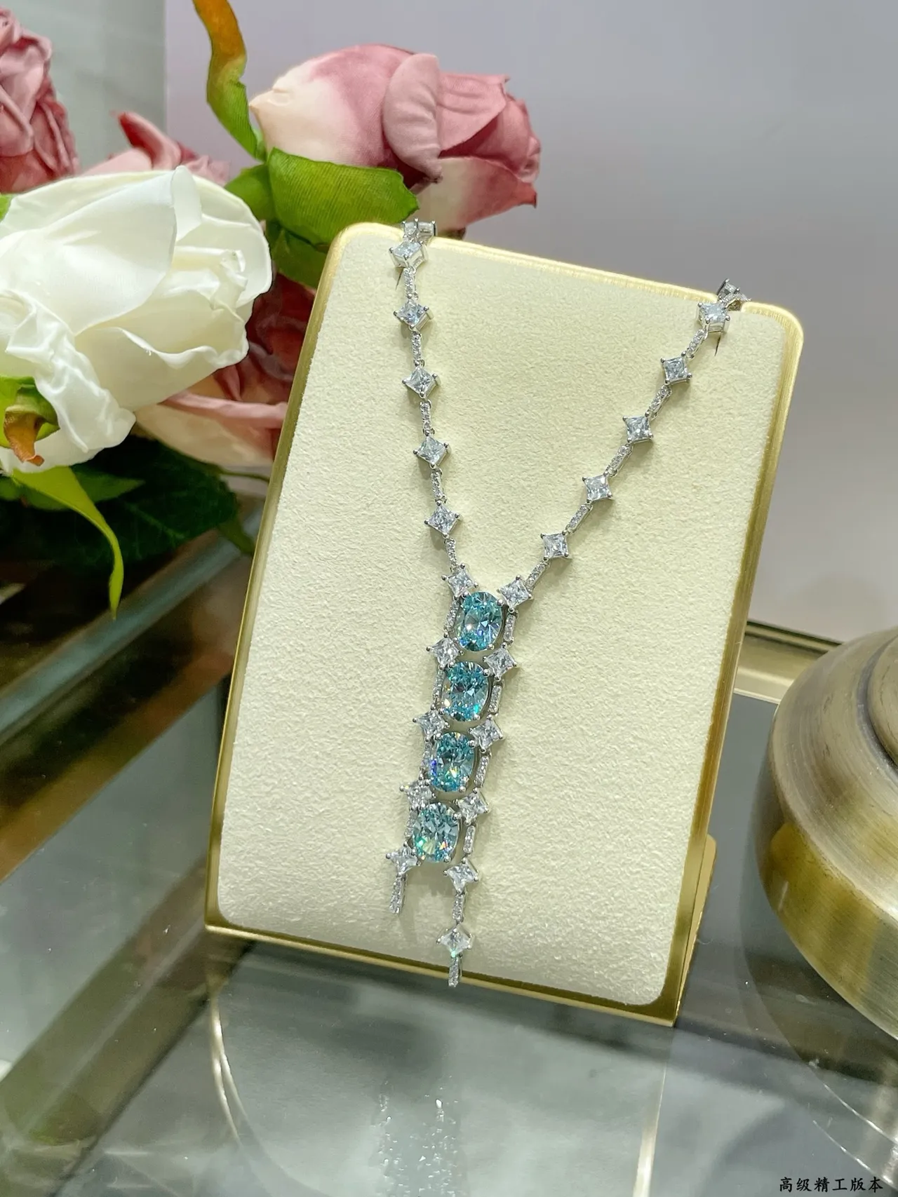 Blue Silver Vertical Drop Pendant Pavé Diamond Accents Necklace 7