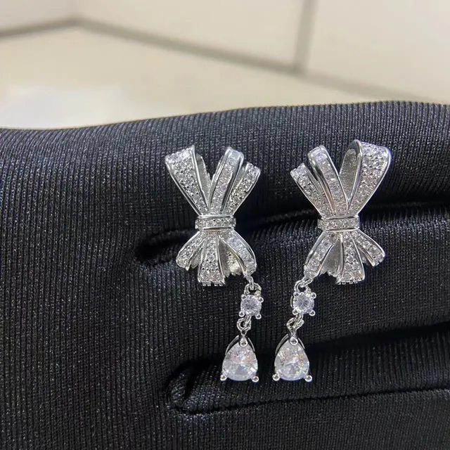Bow Motif Pavé Teardrop Dangle Earrings 3