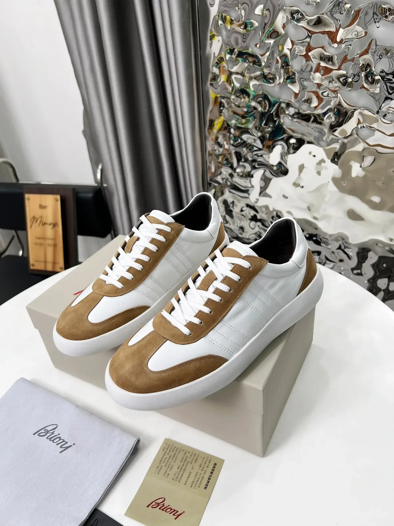 Brioni White and Tan Suede Panel Lifestyle Sneakers 5